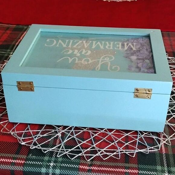 You Are Mermazing Mermaid Blue Wood with Sequins in Glass Top Jewelry Box - Picture 12 of 17